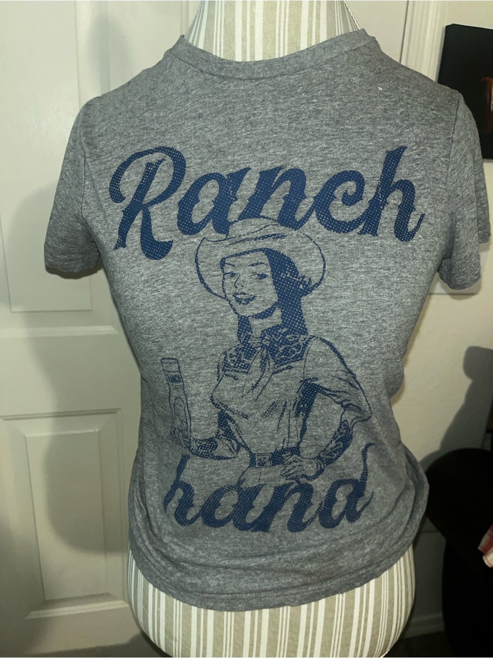 Crazy Dog T-Shirts Gray Ranch Hand Graphic Tee with Blue Print